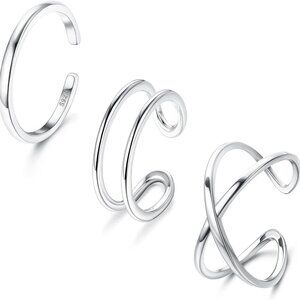3Pcs 925 Sterling Silver Open Adjustable Rings for Women Men Stackable Cross Arr